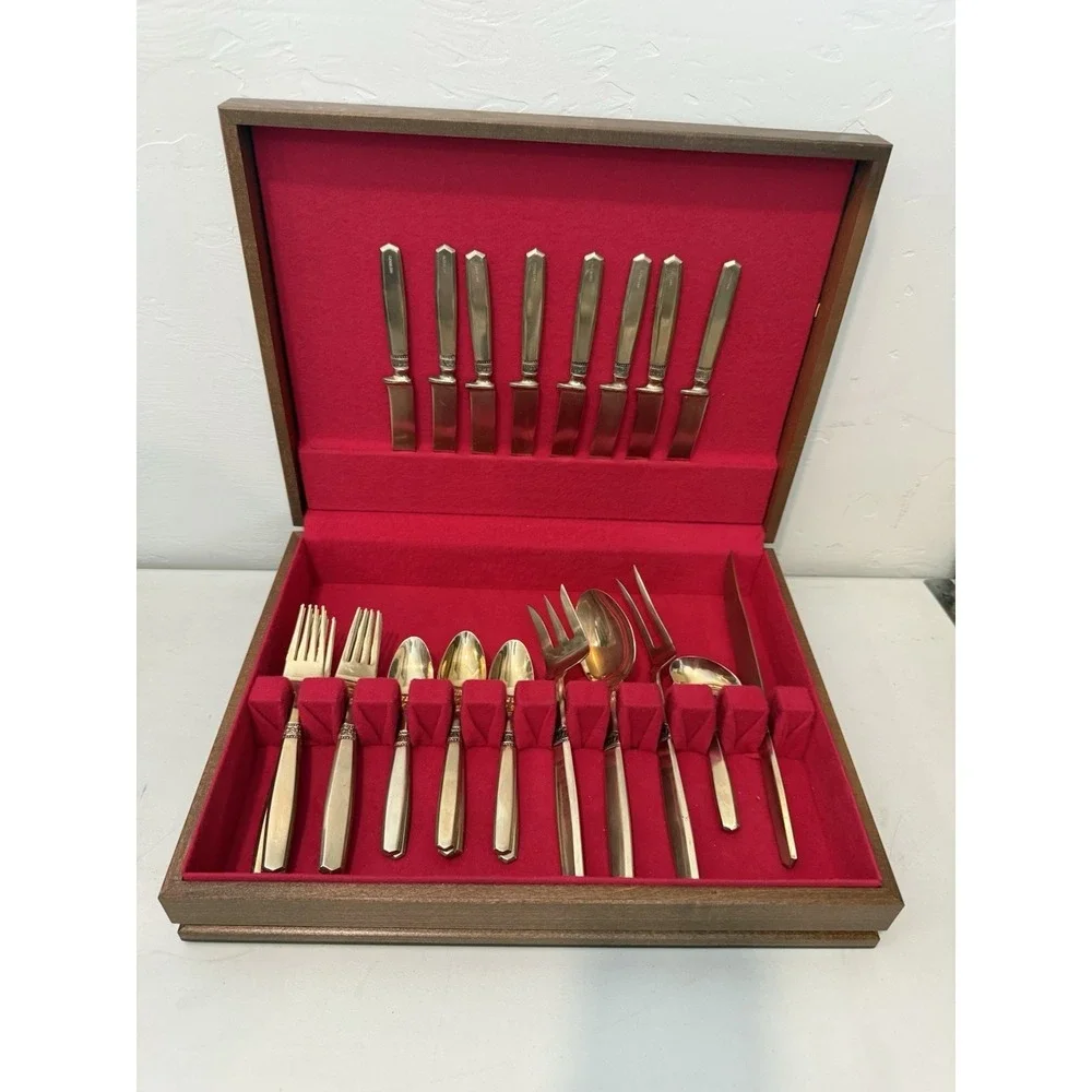 Vintage‎ Thai Brass Flatware Set. Service For 8 29 Piece Set Gold Tone with Case